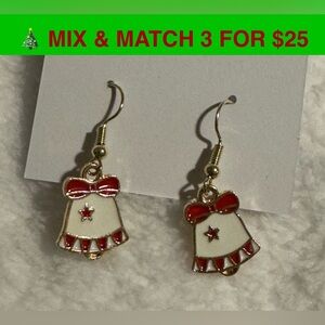CE07 - Bell Earrings, Gold-tone, White, Red Painted Enamel Christmas Holiday